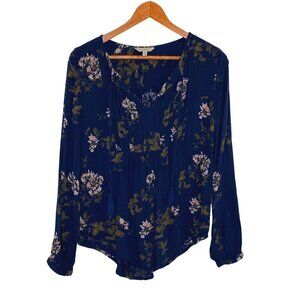 Lucky Brand Womens size Small Long Sleeve Split Neck Top Navy Blue Floral
